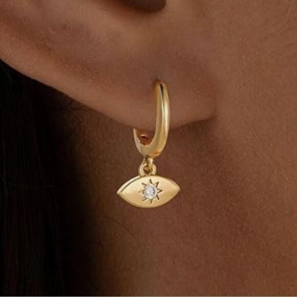 14k gold plated Eye Charm Hoop Earrings with cubic zirconia Crystal Accent - Picture 1 of 4